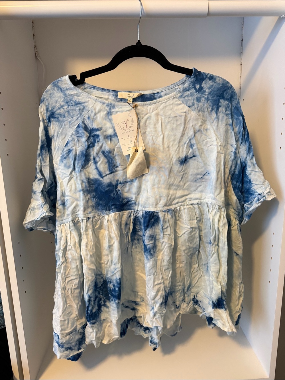 Easel Blue Tie-Dye Babydoll Top Size S NWT